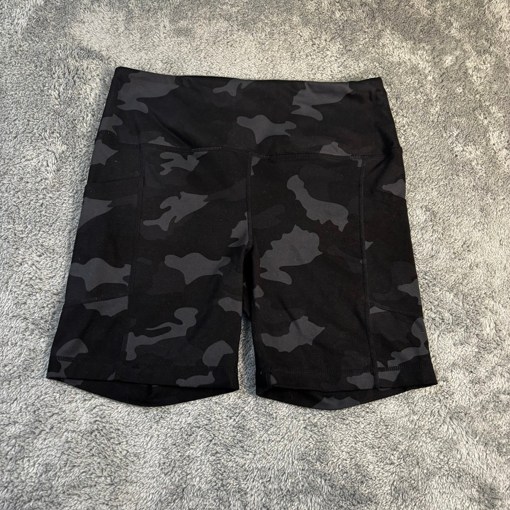 Yogalicious Lux Womens Camo Biker Shorts Black Charcoal High Waist Pockets L